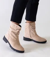 Gemre Beige Ruched Eco-Suede Ankle Boots Hinda