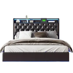 SHOPENTRA ČALOUNĚNÁ postel 140x200 cm Černá PU LED USB úložný prostor