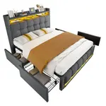 Redom ČALOUNĚNÁ postel 140/200 cm s LED osvětlením, USB portem, policemi a 4 zásuvkami, Šedá