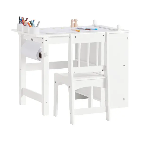 SoBuy STŮL S 1 DĚTSKOU ŽIDLÍ a 2 policemi Bílá 80x50x65.5cm Nordický