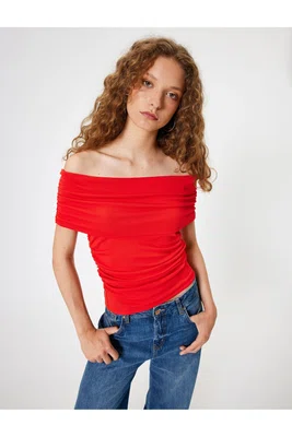 Koton Madonna Collar Off-The-Shoulder Draped Short Sleeve Slim Fit T-Shirt