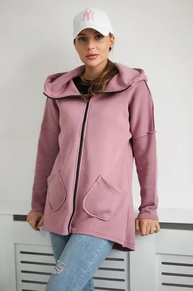 Zateplená mikina s delším zadním dílem a kapsami tmavě růžová