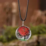 Flat Round Glass with Dried Flower Tree Inner Pendant Black Waxed Cord Necklaces