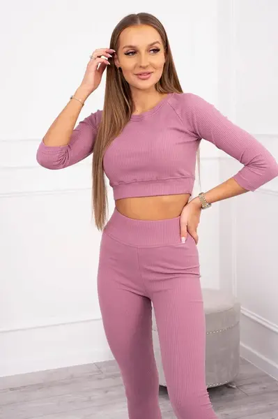 Žebrovaný komplet tmavě růžový