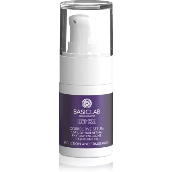BasicLab Dermocosmetics Esteticus vyhladzujúce sérum pre zjednotenie farebného tónu pleti 0.07% Pure Retinal 15 ml