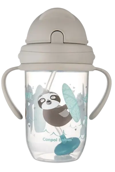 CANPOL BABIES Exotic Animals nevylievací hrnček so slamkou a závažím sivý 270 ml
