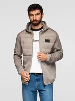 Ombre Men's lightweight jacket of combined materials with hood and decorative quilting - ash