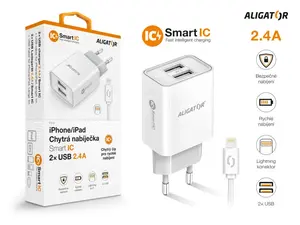 Chytrá síťová nabíječka ALIGATOR 2.4A, 2xUSB, smart IC, kabel pro iPhone/iPad 2A, bílá