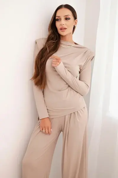 Kesi Włoski Dámský bavlněný komplet s blůzou a širokými kalhotami bežový