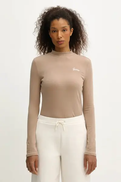 Tričko s dlouhým rukávem Guess ALBA béžová barva, s pologolfem, V5BP10 KCBF1