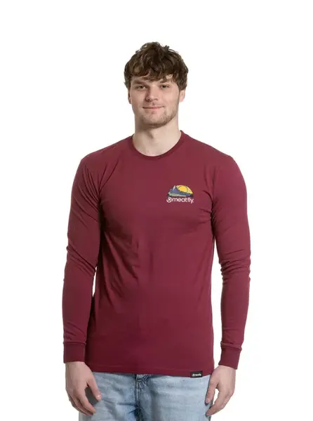 Meatfly pánské tričko s dlouhým rukávem Julien Dark Wine Mountains | Červená | Velikost S | 100% bavlna