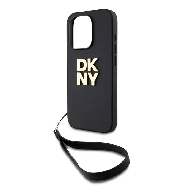 Zaní kryt DKNY PU Leather Stack Logo Wrist Strap pro Apple iPhone 14 Pro Max, černá