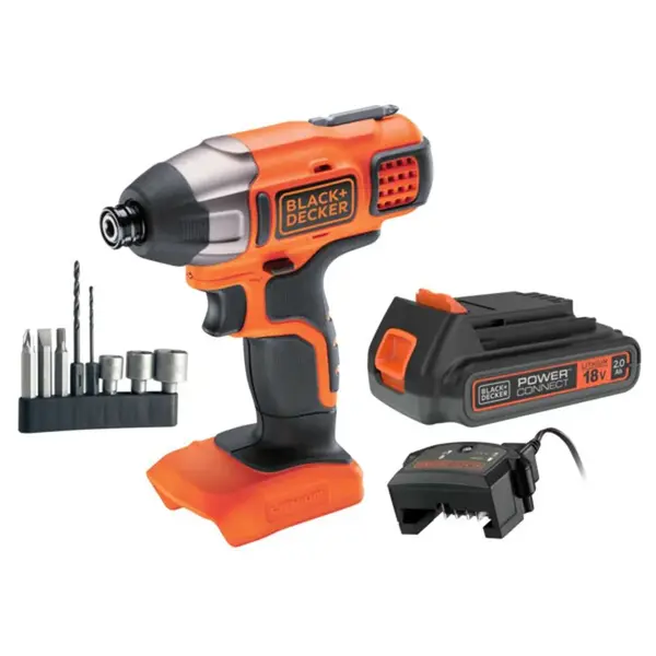 BLACK+DECKER Nářadí - 18V AKU rázový utahovák s příslušenstvím, 1x aku 2,0 Ah Li-Ion, nabíječka BDCIM18D1A-QW
