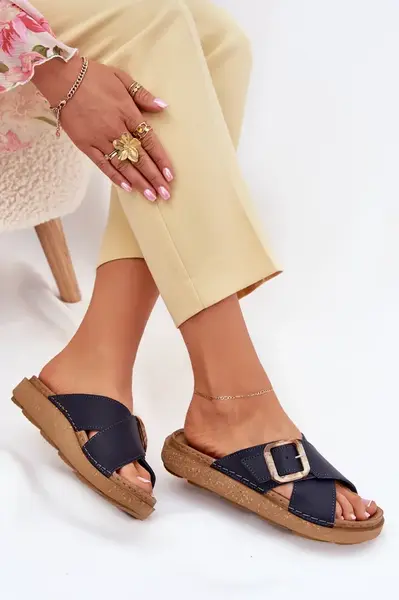 Dámské Kožené Klapky S Přezkou Inblu Tmavě Modré