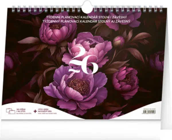 NOTIQUE Týdenní plánovací kalendář Fialové květy 2026, 30 x 21 cm