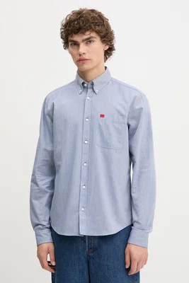 Bavlněná košile HUGO pánská, černá barva, slim, s límečkem button-down, 50479302