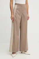 Vlněné kalhoty BOSS dámské, béžová barva, široké, high waist, 50543410