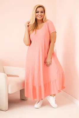 Kesi Włoski Dámské šaty plus size s krátkým rukávem a volánem z lehké viskózy růžová