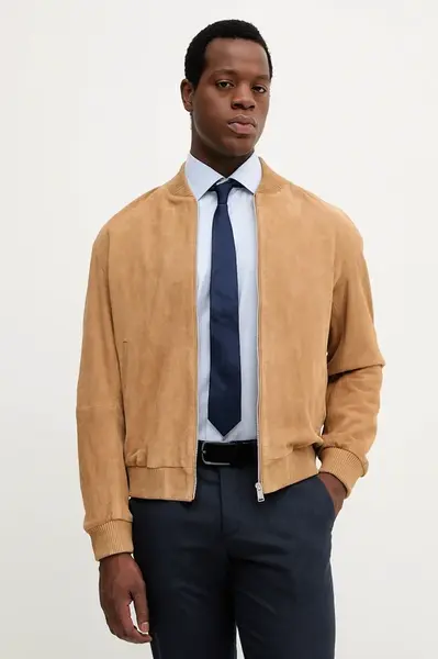 Semišová bomber bunda BOSS H-Muller zelená barva, přechodná, 50543213