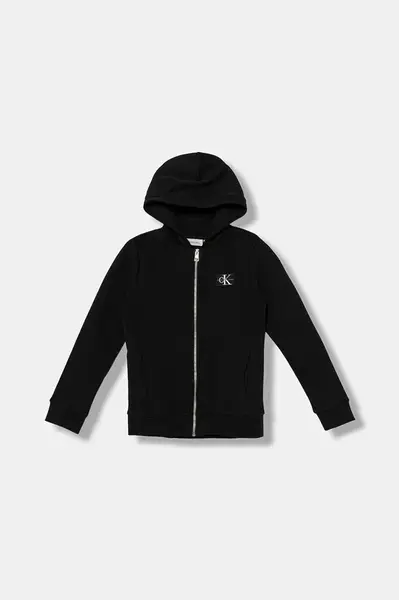 Dětská bavlněná mikina Calvin Klein Jeans černá barva, s kapucí, s aplikací, IB0IB02213