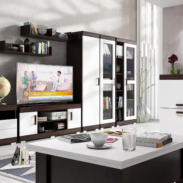Obývací stěna Malmo Barva korpusu: Wenge, Lišta: Trufla, Barva dvířek: Šedá