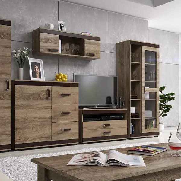 Obývací stěna Bodzio Barva korpusu: Šedá, Lišta: Šedá, Barva dvířek: Trufla