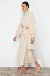 Trendyol Beige Stand Collar Belt Detailed Woven Dress