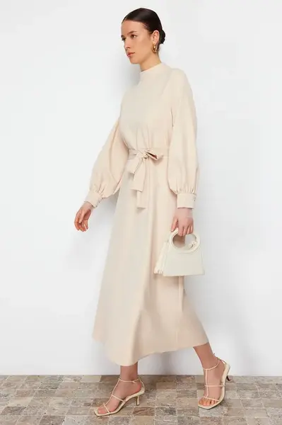 Trendyol Beige Stand Collar Belt Detailed Woven Dress