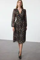Trendyol Black Floral Belted A-Line Midi Double Breasted Collar Patterned Chiffon Woven Dress