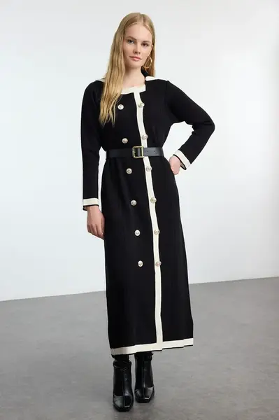 Trendyol Black Belted Buttoned Knit Color Block Dress