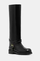 Kožené kozačky Pollini dámské, černá barva, na plochém podpatku, PA26154G0NPC0000