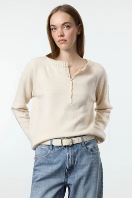 Trendyol Stone Soft Texture Button Detailed Knitwear Sweater