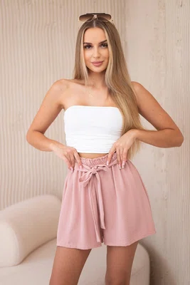 Šortky s viskózou se zavazováním v pase pudrově růžové
