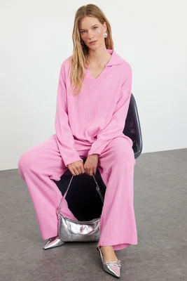 Trendyol Pink Polo Neck Knitwear Sweater Trousers Bottom-Top Set