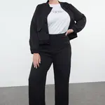 Trendyol Curve Black Striped Elastic Waist Plus Size Woven Trousers