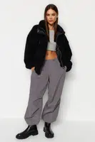 Trendyol Černý oversize plyšový kabát