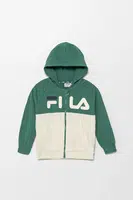 Dětská mikina Fila LONAY zelená barva, s kapucí, s potiskem, FAK0406