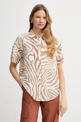 Košile s příměsí lnu Marciano Guess ROSIE dámská, béžová barva, relaxed, s klasickým límcem, 5GGH26 7314A