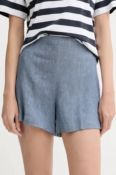 Lněné kraťasy Theory dámské, modrá barva, hladké, high waist, P0303201