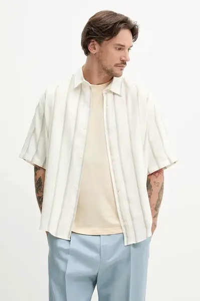 Košile HUGO pánská, béžová barva, relaxed, s klasickým límcem, 50539341