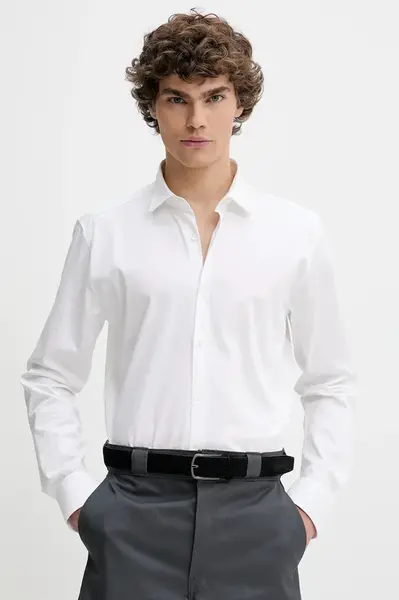 Košile HUGO pánská, bílá barva, slim, s klasickým límcem, 50539721