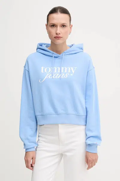 Bavlněná mikina Tommy Jeans dámská, modrá barva, s kapucí, s potiskem, DW0DW20306