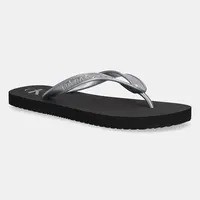 Žabky Calvin Klein Jeans BEACH SANDAL MONOLOGO TPU dámské, stříbrná barva, na plochém podpatku, YW0YW01719