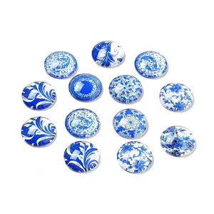 Blue and White Floral Printed Glass Cabochons