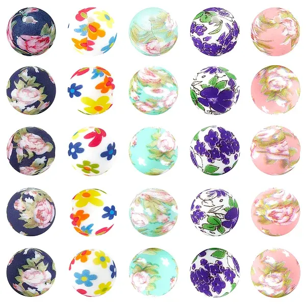 30Pcs 5 Styles Round with Flower Food Grade Eco-Friendly Silicone Beads
