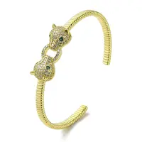 Brass Pave Clear & Green Cubic Zirconia Leopard Open Cuff Bangle for Women