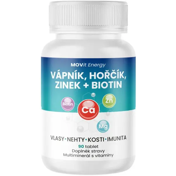 Movit Energy Vápník, Hořčík, Zinek + Biotin tablety pre normálnu funkciu imunitného systému, stav kostí, zubov a činnosť svalov 90 tbl