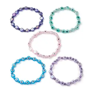 Mixed Gemstones Handmade Evil Eye Lampwork Beaded Stretch Bracelets