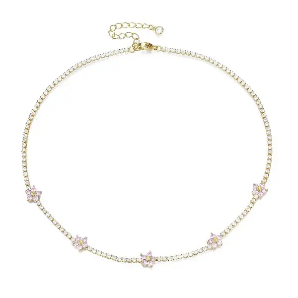 Cubic Zirconia Classic Tennis Necklace with Flower Links