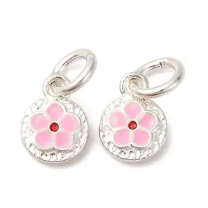 Fine Silver Pearl Pink Enamel Flat Round with Flower Charms